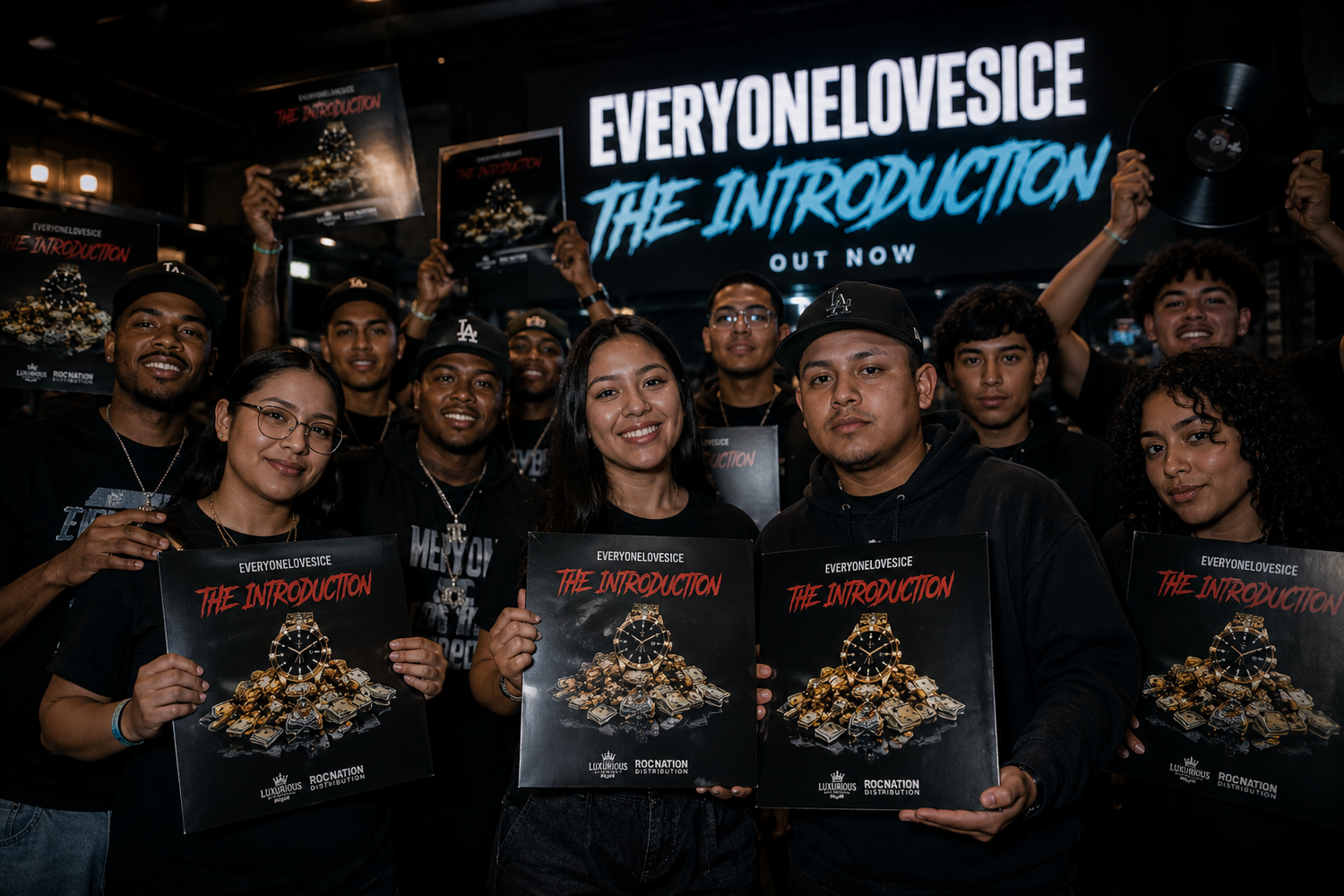 Fans holding EveryoneLovesIce vinyl records