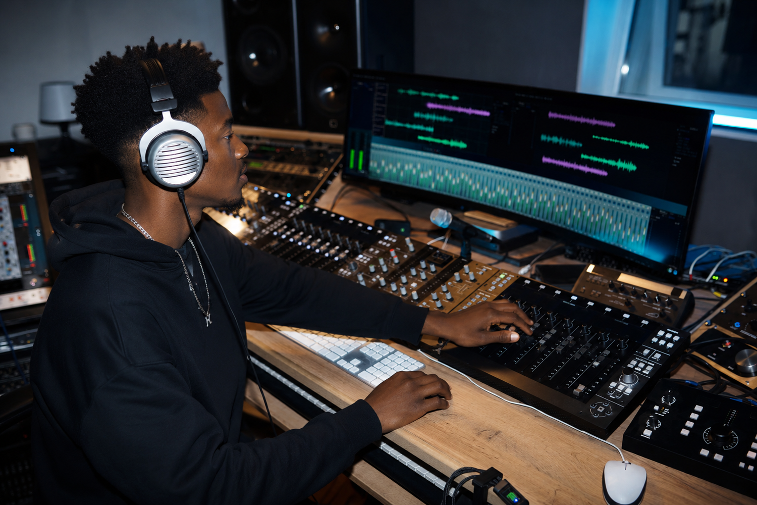 Professional audio engineer mixing music in a recording studio using studio monitors and music production equipment.