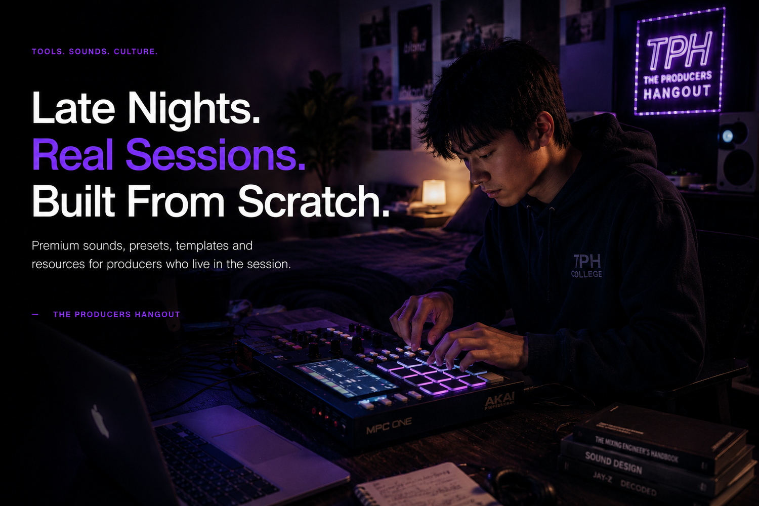 Music producer creating beats in a home studio using drum kits, DAW templates, loops, vocal presets and music production tools from The Producers Hangout.