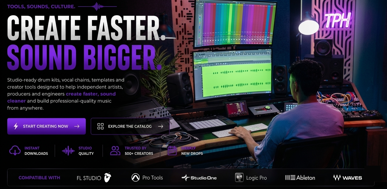 The Producers Hangout cinematic hero banner featuring professional music production tools, producer resources, vocal presets, drum kits, DAW templates, and hip-hop music production branding