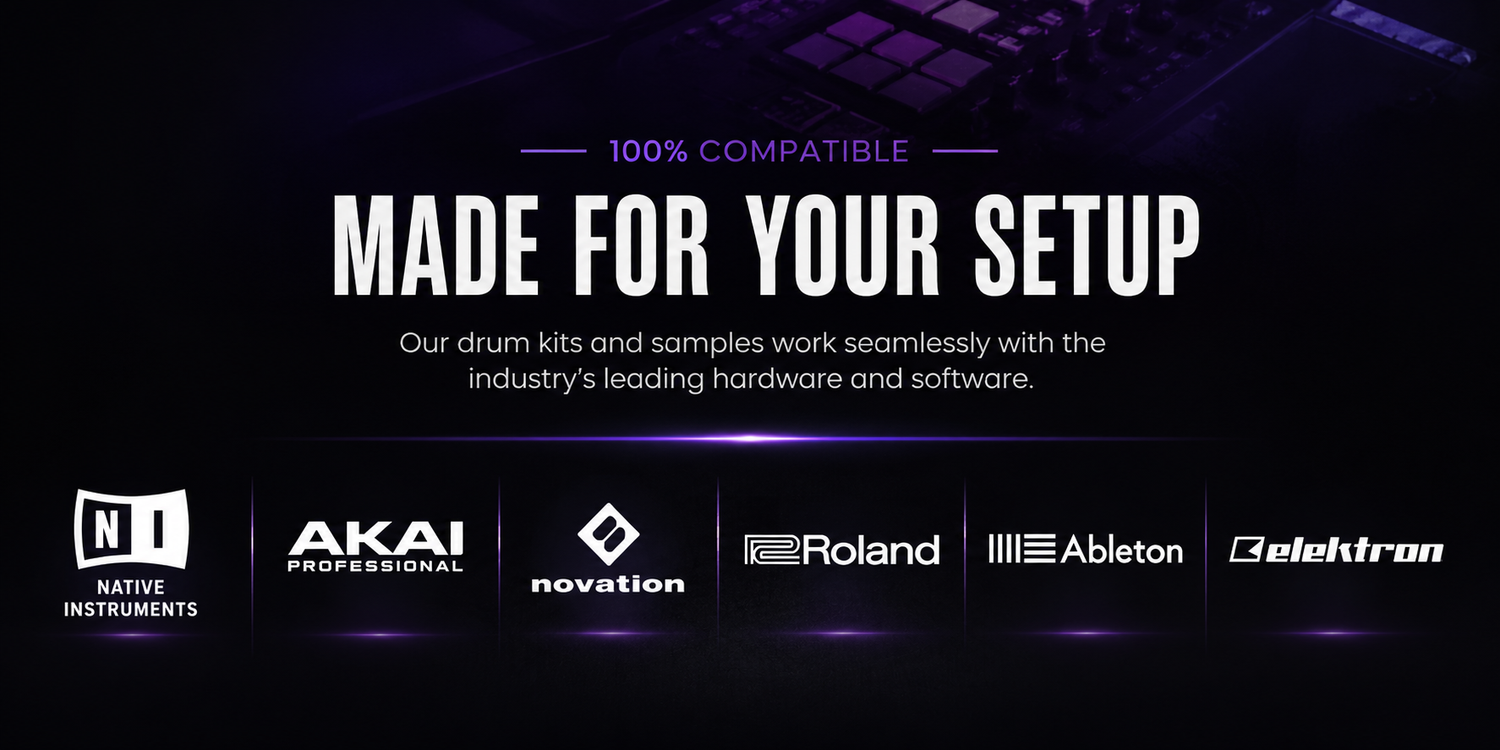 Music production compatibility graphic showing drum kits, loops and producer tools working with Native Instruments, AKAI Professional, Novation, Roland, Ableton and Elektron hardware and software.