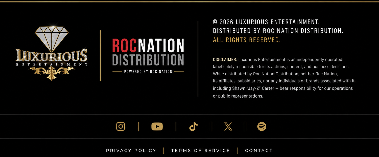 Luxurious Entertainment official footer featuring Roc Nation Distribution, hip-hop music label branding, social media links, streaming platforms, privacy policy, terms of service, and contact information