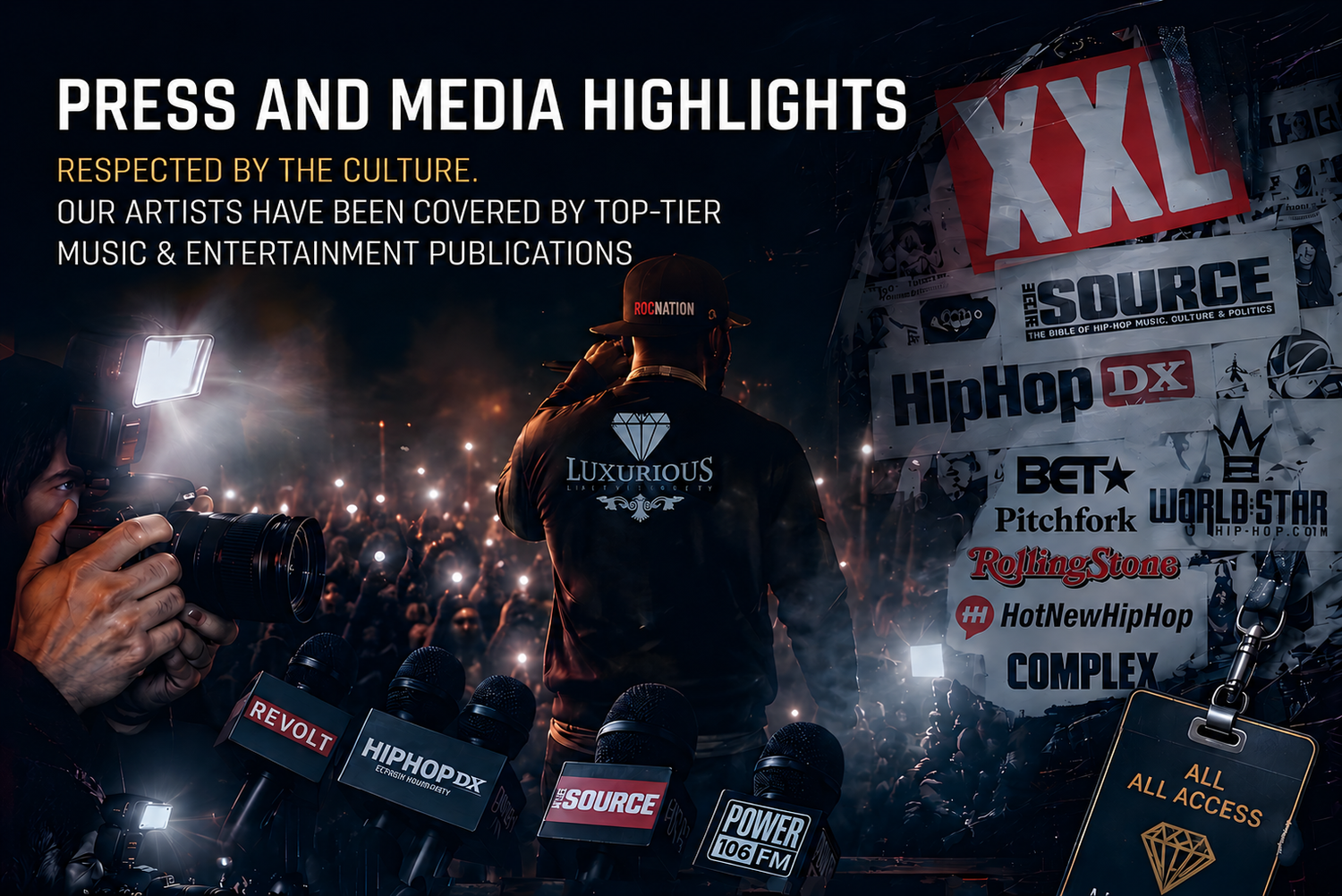 Luxurious Entertainment press and media highlights featuring hip-hop and entertainment coverage from The Source, HipHopDX, WorldStar, Complex, Power 106, and other media platforms